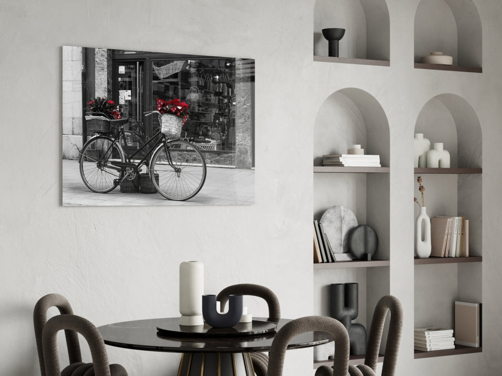 Red Flower Basket Bicycle Shopfront Glass Wall Art