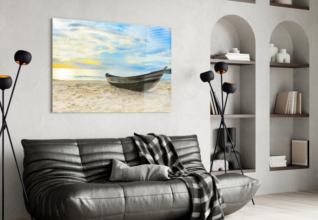 Dark Canoe On White Sand Beach Glass Wall Art