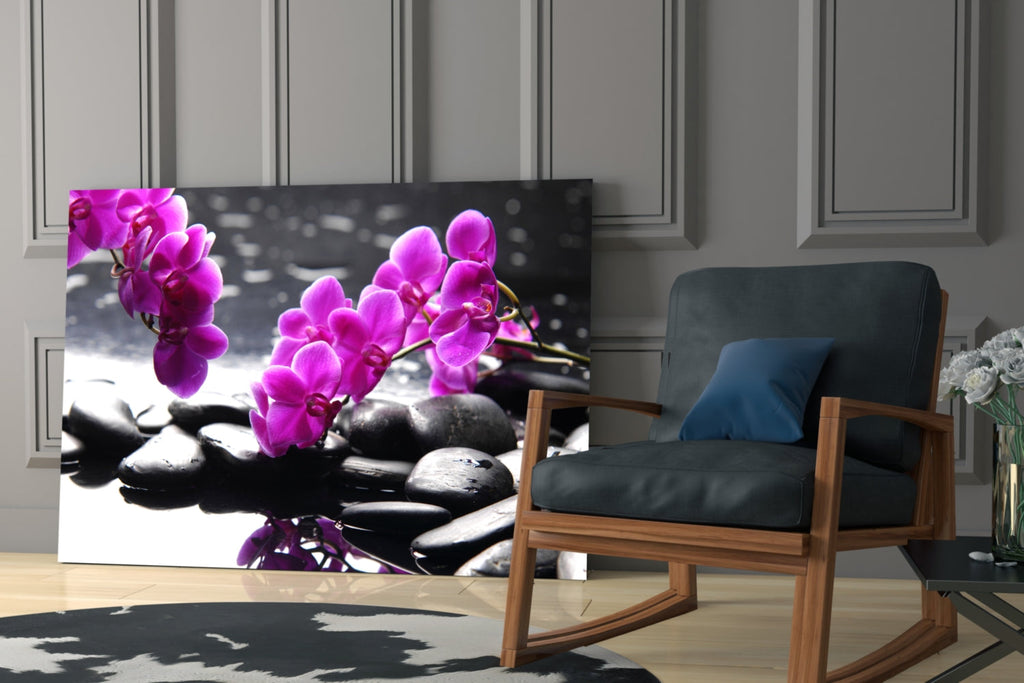 Pink Orchid Branch Zen Stones Glass Wall Art