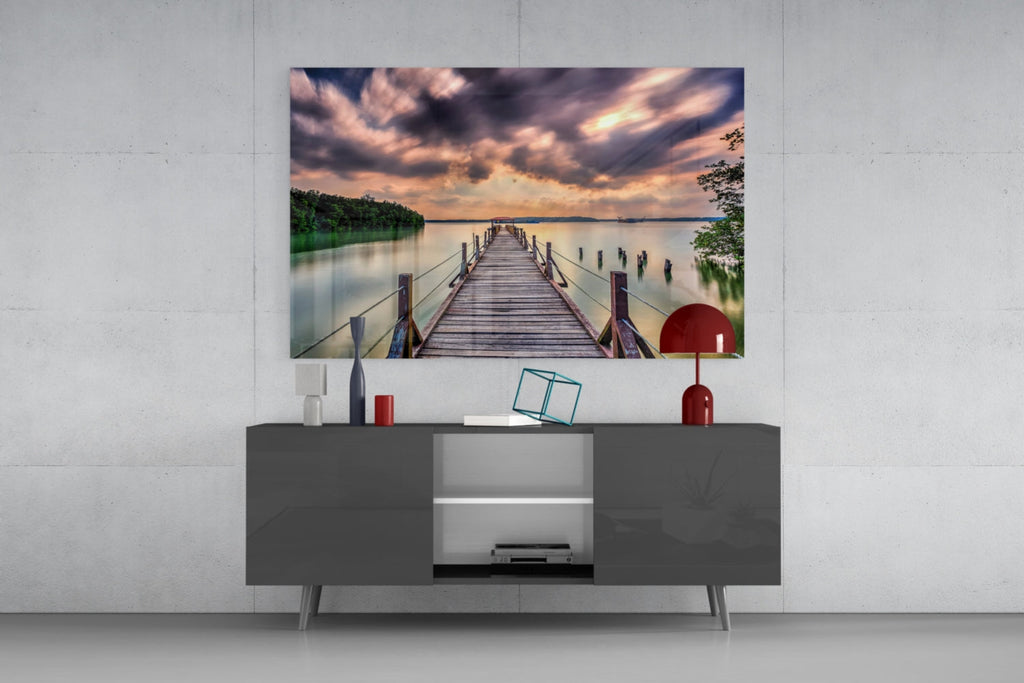 Dramatic Clouds Forest Lake Pier Glass Wall Art