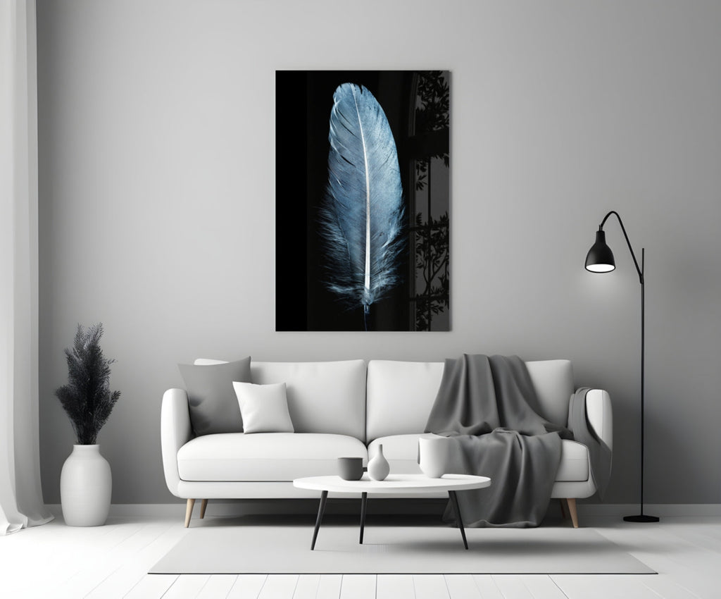 Single Blue Gray Quill Feather Glass Wall Art