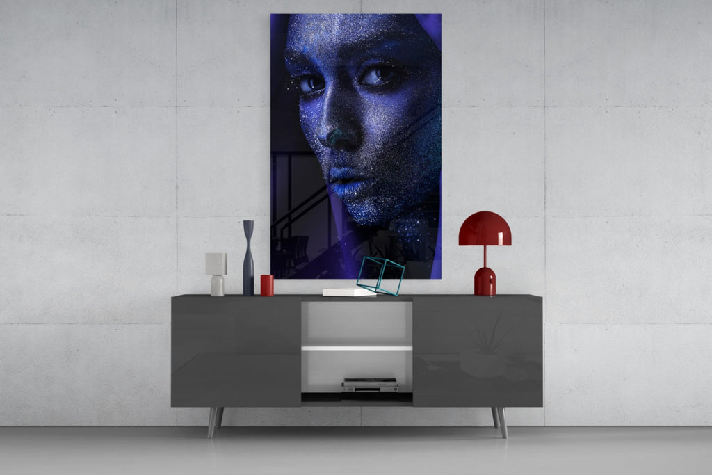 Silver Glitter Face Violet Veil Glass Wall Art
