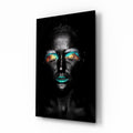 Teal Orange Eyeshadow Woman Glass Wall Art