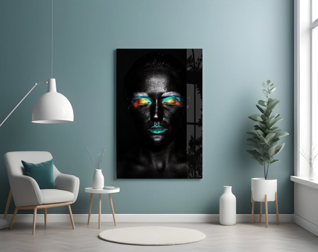 Teal Orange Eyeshadow Woman Glass Wall Art