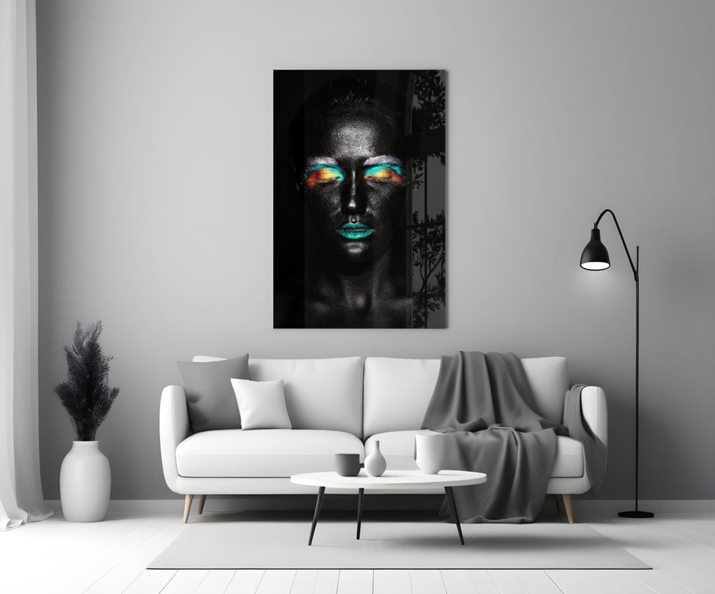 Teal Orange Eyeshadow Woman Glass Wall Art