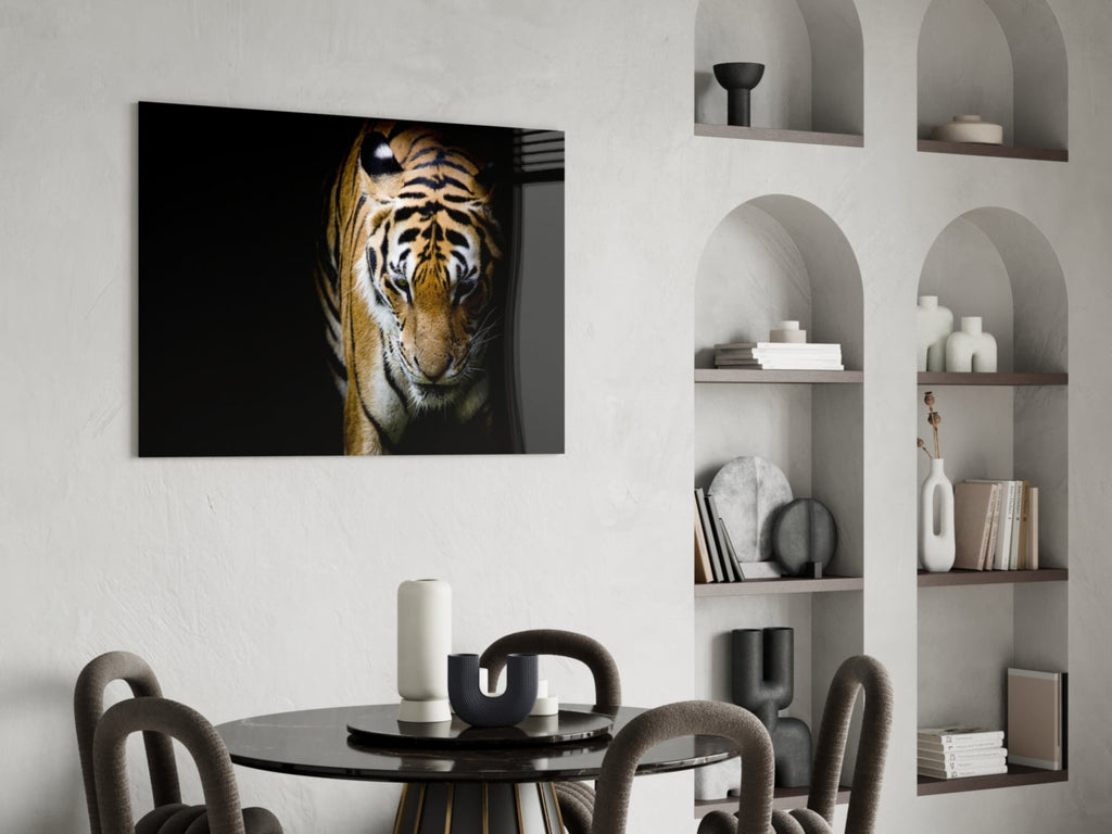 Stalking Tiger in Shadows Glass Wall Art