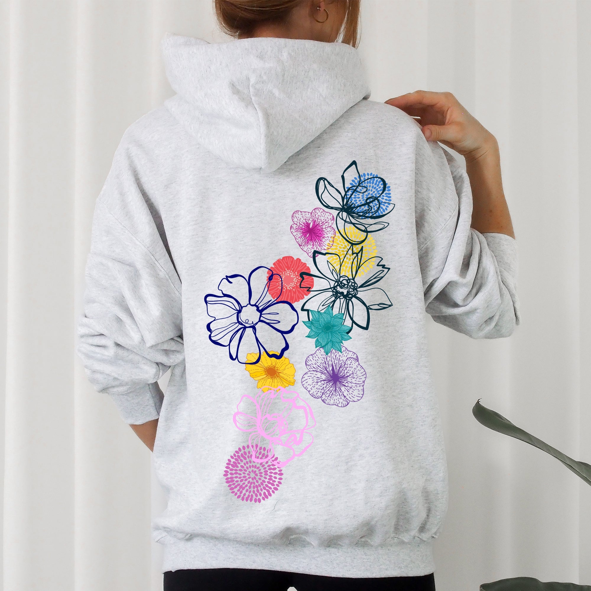 Floral Outlines Leaves Flowers Colorful Botanical Sketches Hand-Drawn Vintage Style Hoodie