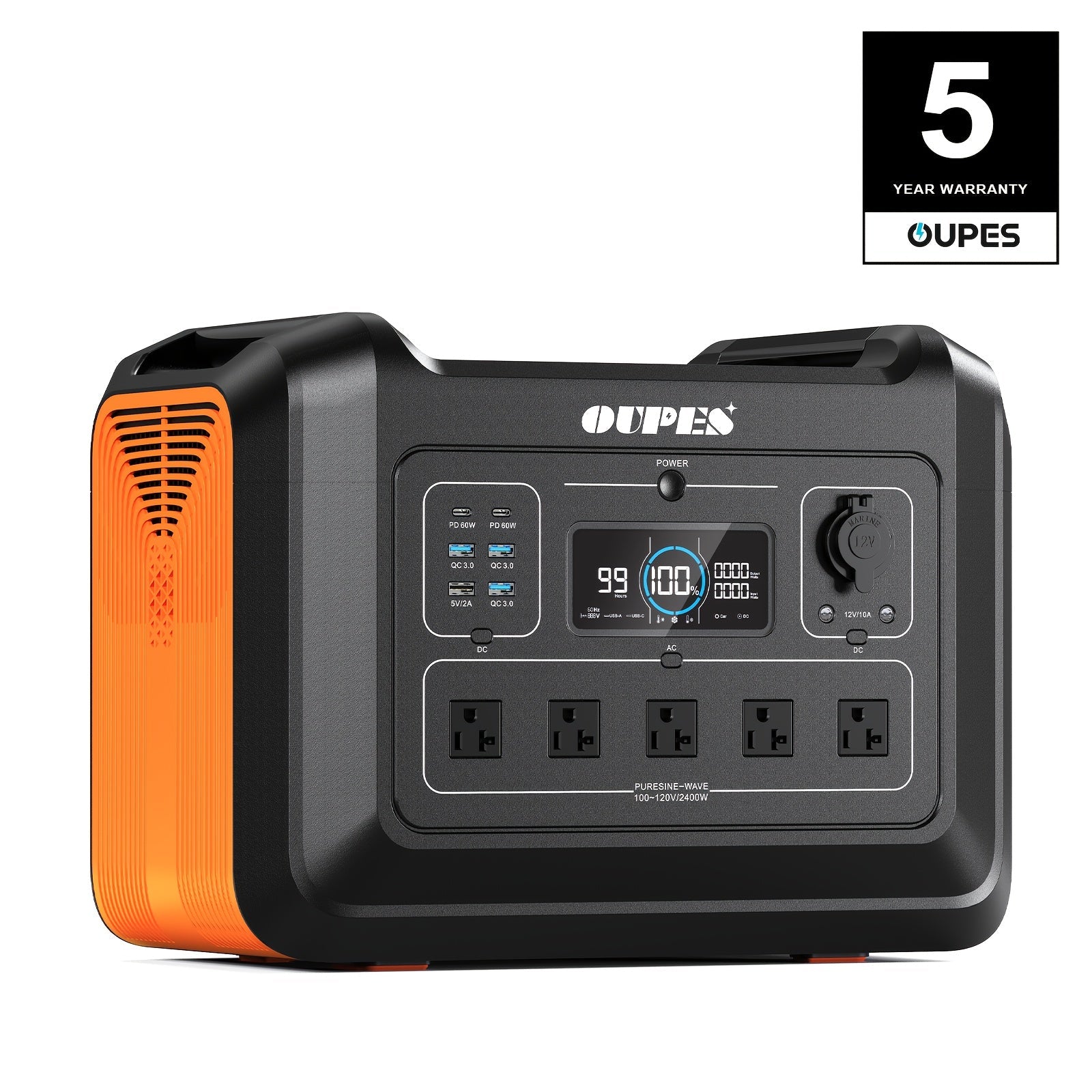 OUPES 2400W 2232Wh Portable Power Station, Solar Powered Generator with 5 AC Outlets (5000W Peak), Emergency LiFePO4 Battery UPS Generator for Home Backup, Outdoor, Camping, RV, Bundles, 240W-960W Solar Panel Optional
