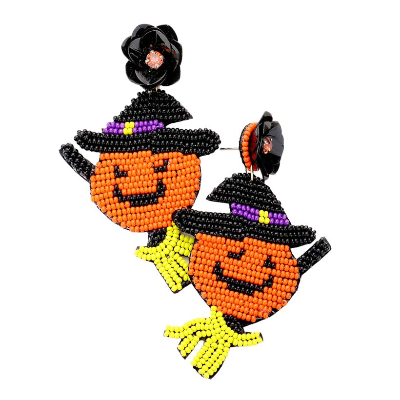 Flower Seed Bead Pumpkin Witch Earrings