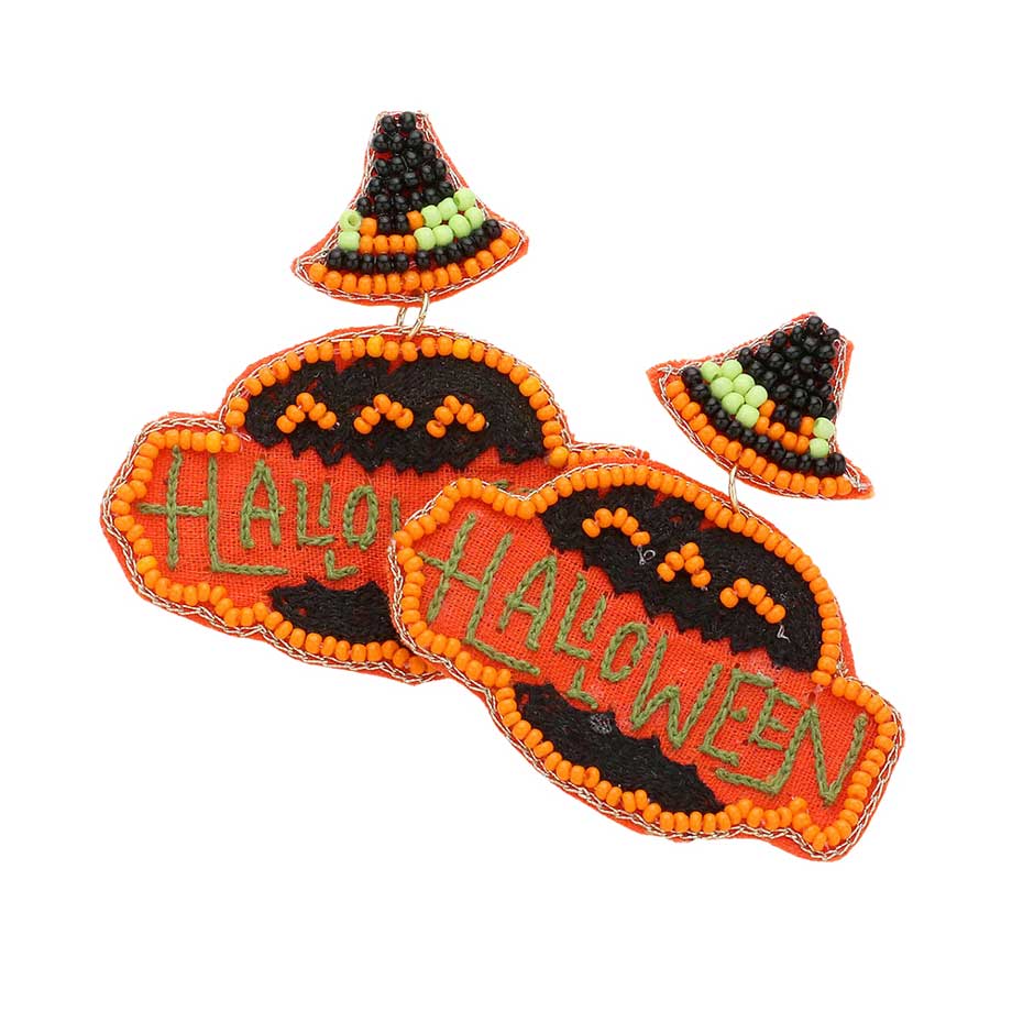 Halloween Message Beaded Witch Hat Pumpkin Earrings