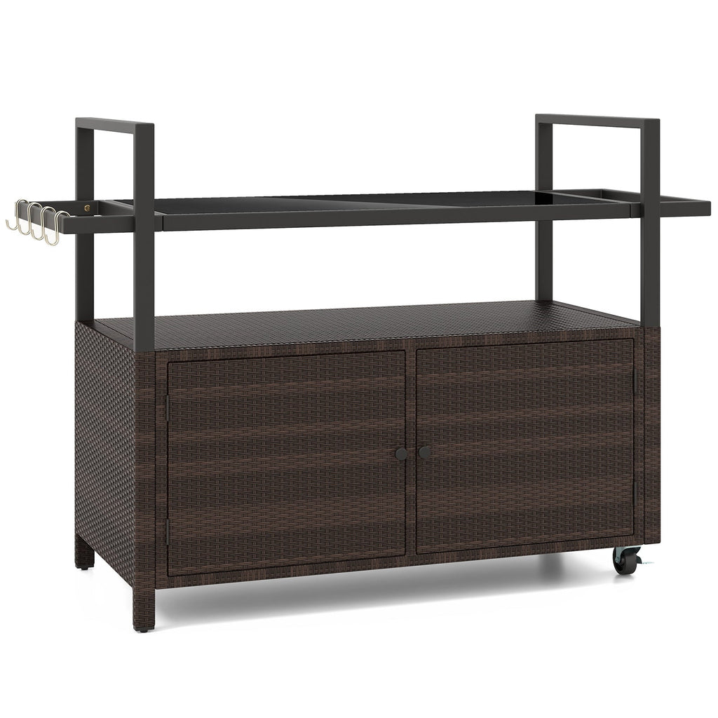 Outdoor Bar Cart Wicker Buffet Serving Cart with Cabinet and 8 Hooks