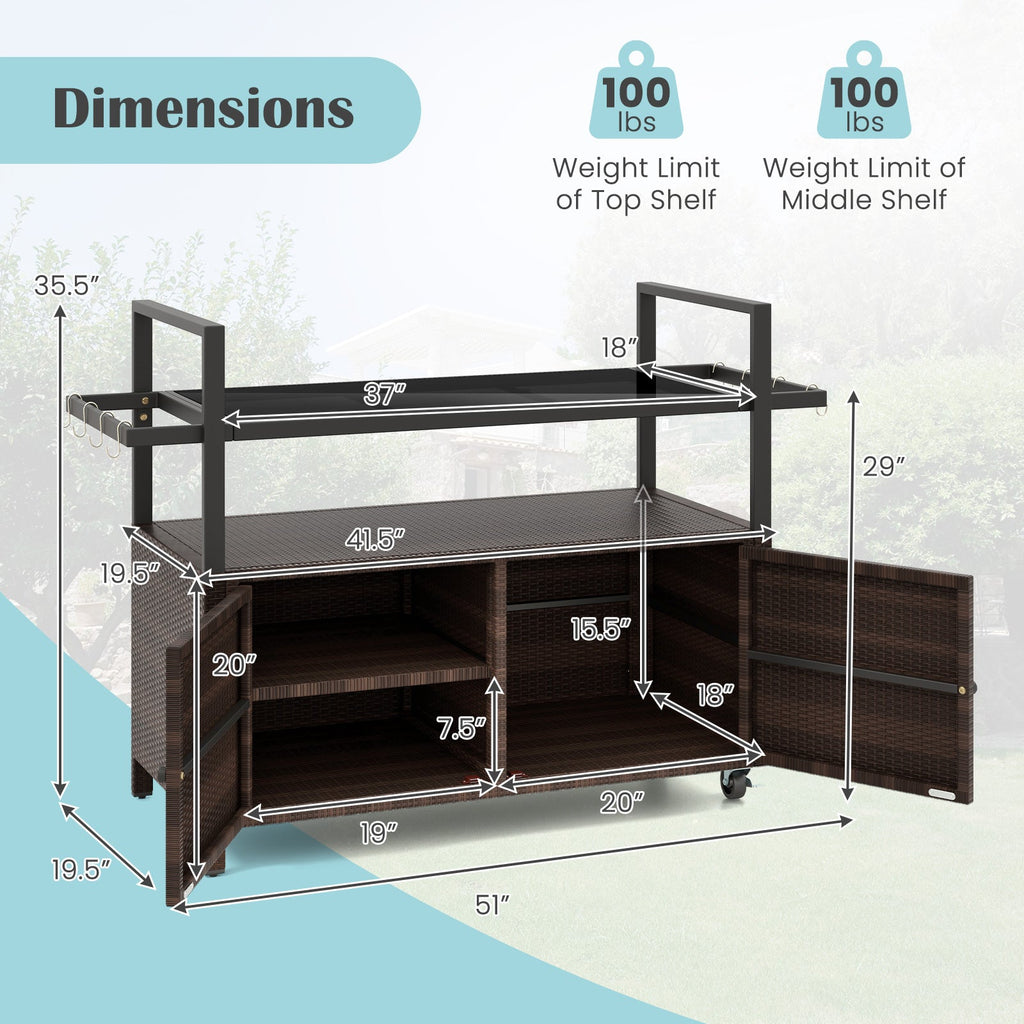 Outdoor Bar Cart Wicker Buffet Serving Cart with Cabinet and 8 Hooks
