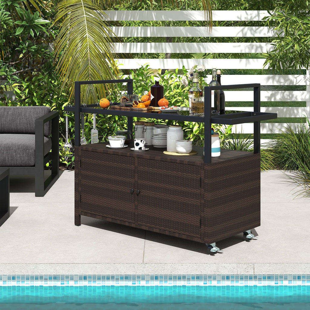 Outdoor Bar Cart Wicker Buffet Serving Cart with Cabinet and 8 Hooks