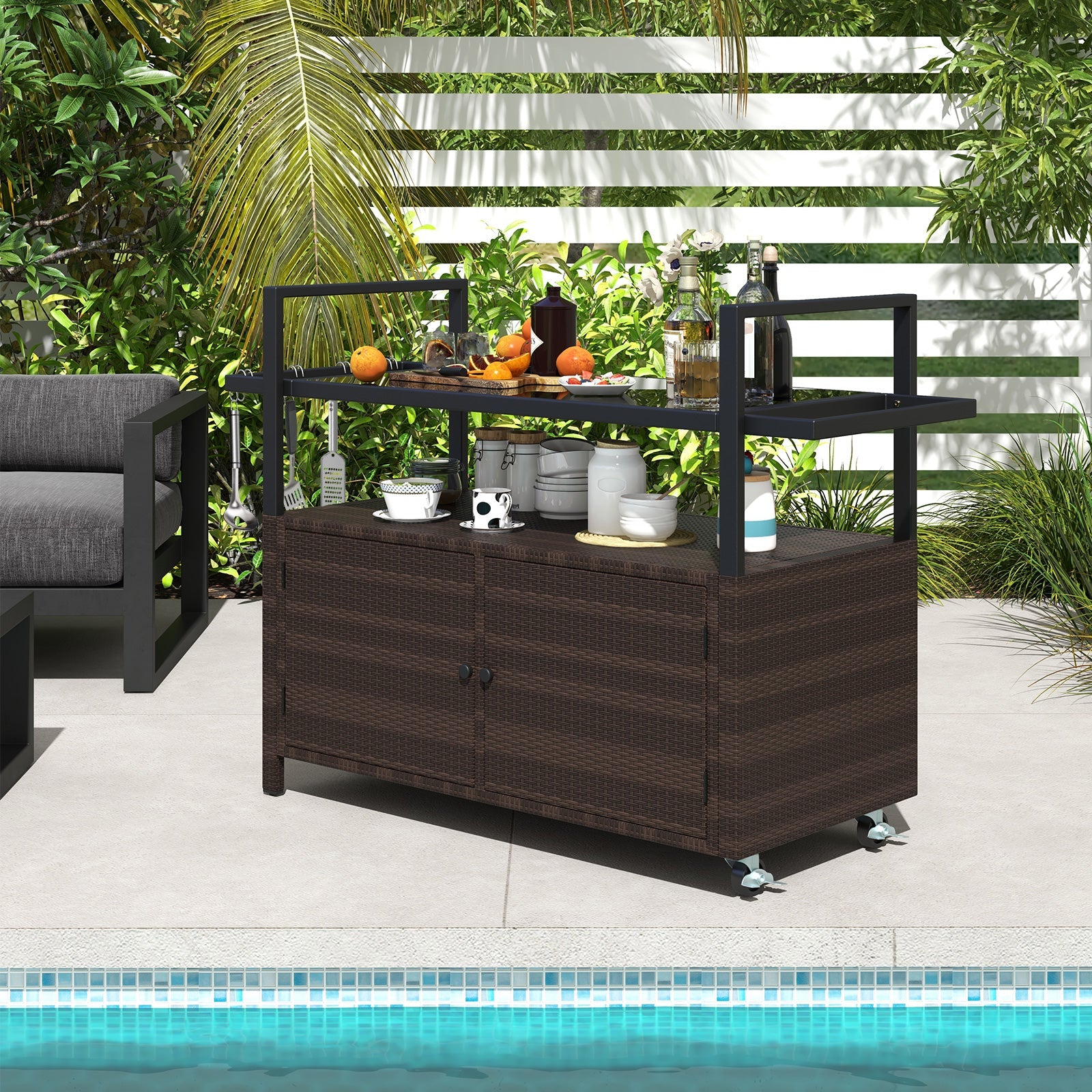Outdoor Bar Cart Wicker Buffet Serving Cart with Cabinet and 8 Hooks