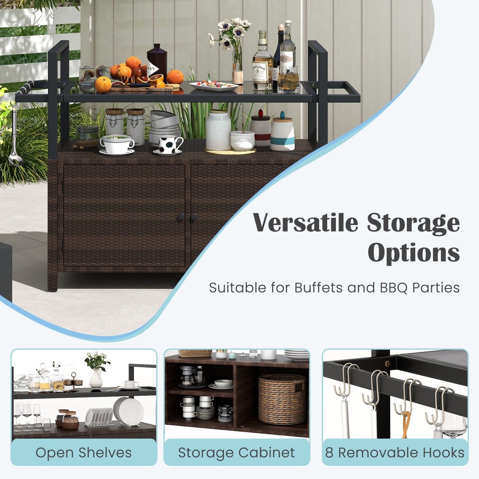 Outdoor Bar Cart Wicker Buffet Serving Cart with Cabinet and 8 Hooks