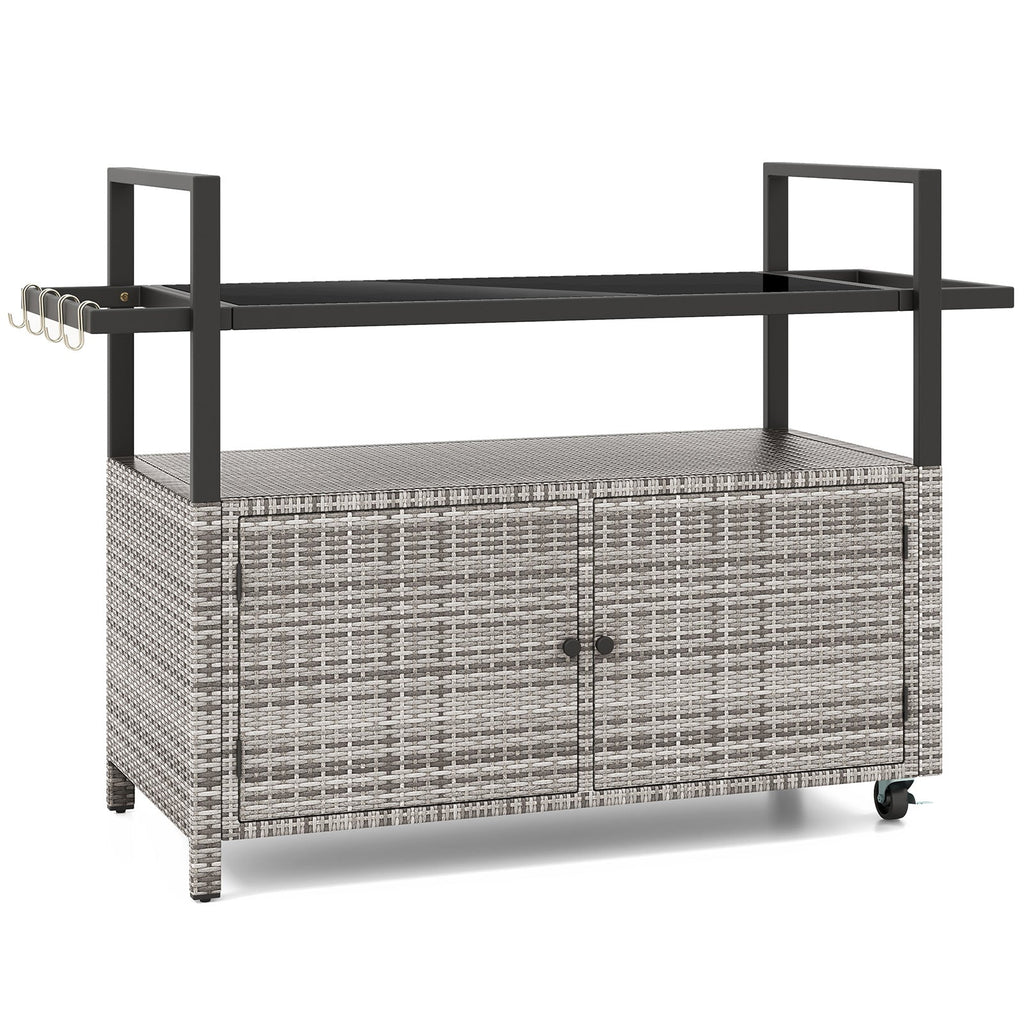 Outdoor Bar Cart Wicker Buffet Serving Cart with Cabinet and 8 Hooks