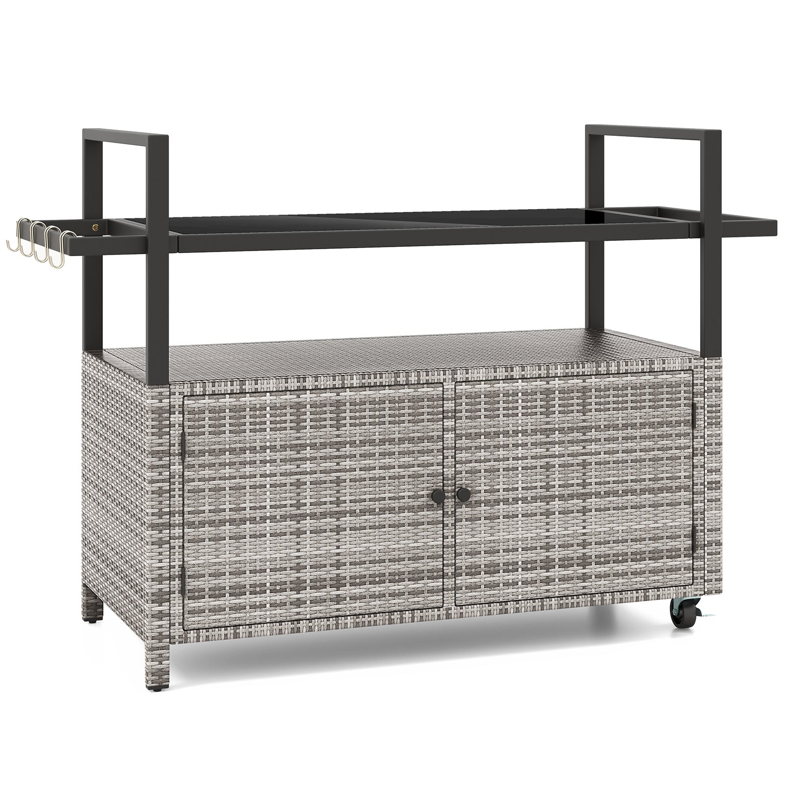 Outdoor Bar Cart Wicker Buffet Serving Cart with Cabinet and 8 Hooks
