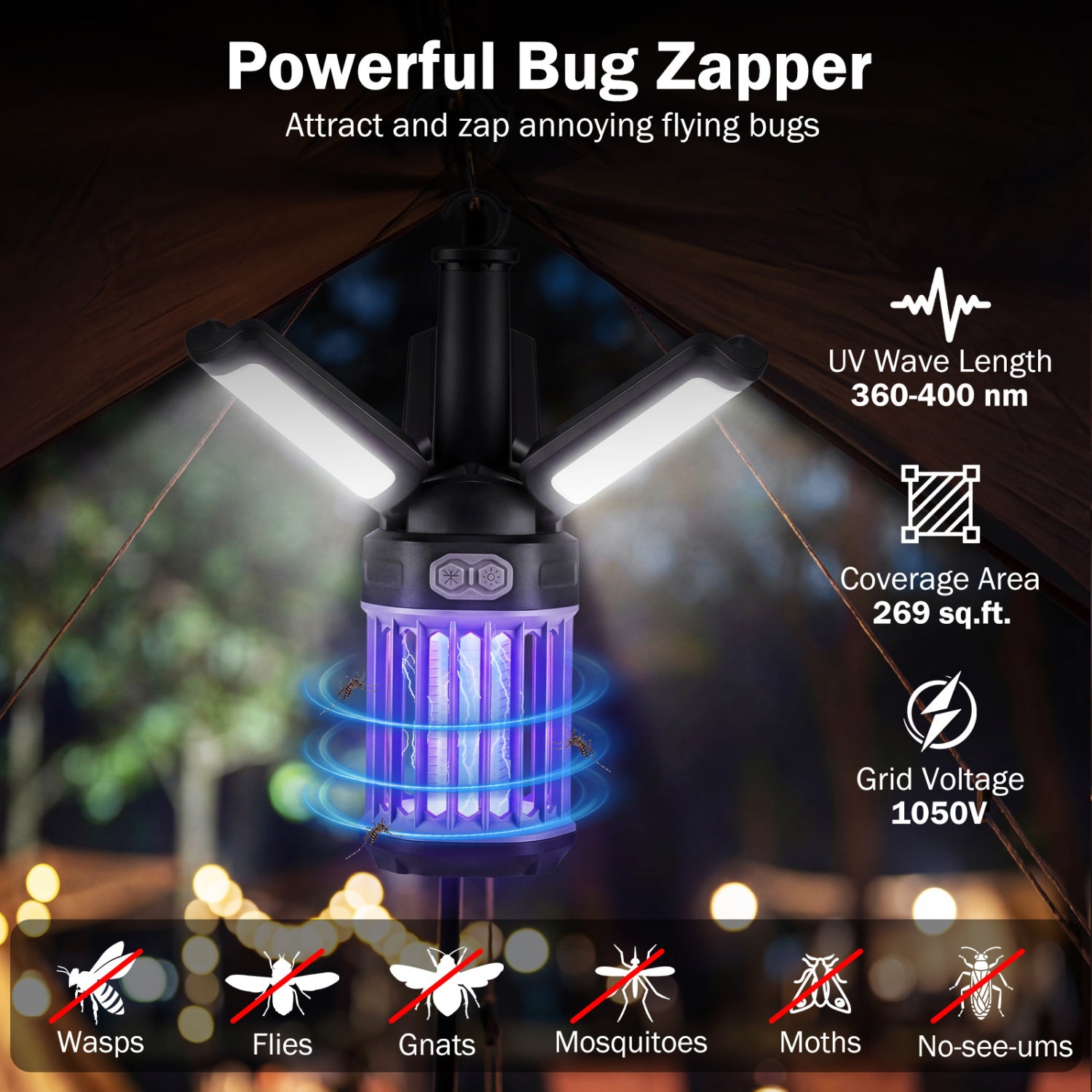 Outdoor Bug Zapper with Foldable Camping Lantern USB-C Rechargeable Electric Mosquito Killer