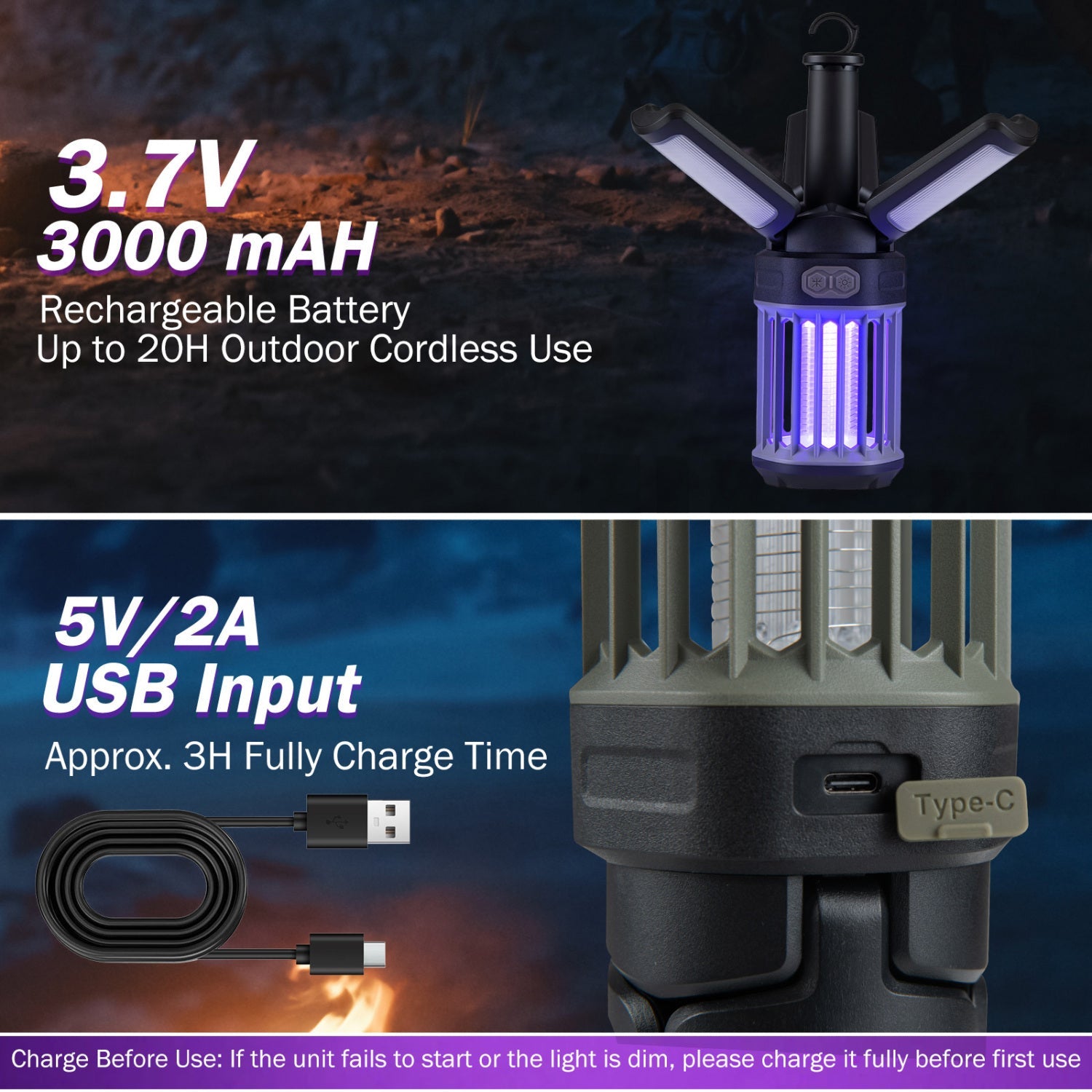 Outdoor Bug Zapper with Foldable Camping Lantern USB-C Rechargeable Electric Mosquito Killer