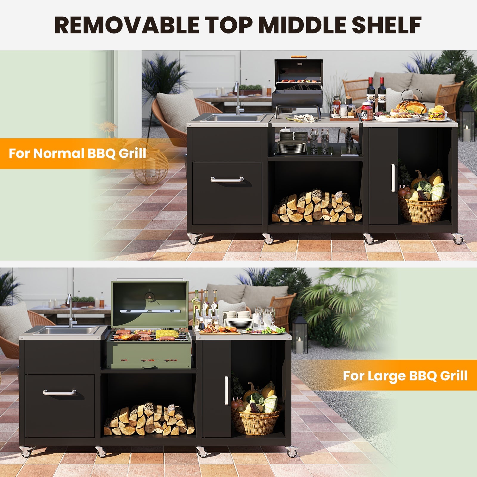 Outdoor Grill Table with Sink and Drainage Heavy Duty Metal Grill Cart-Black