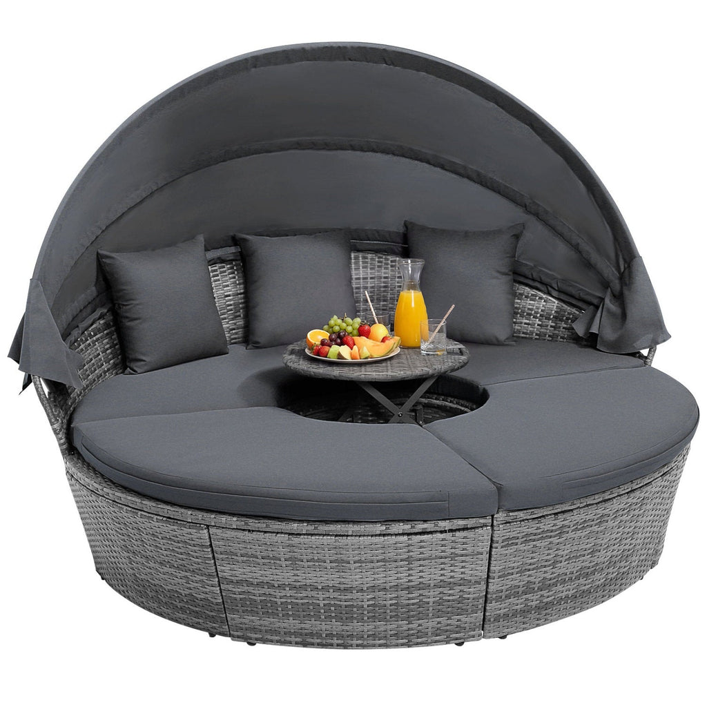 Outdoor PE Wicker Round Daybed with Retractable Canopy and Cushions-Navy