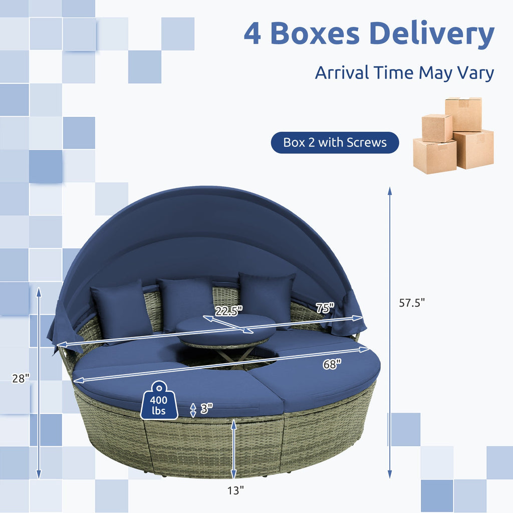 Outdoor PE Wicker Round Daybed with Retractable Canopy and Cushions-Navy