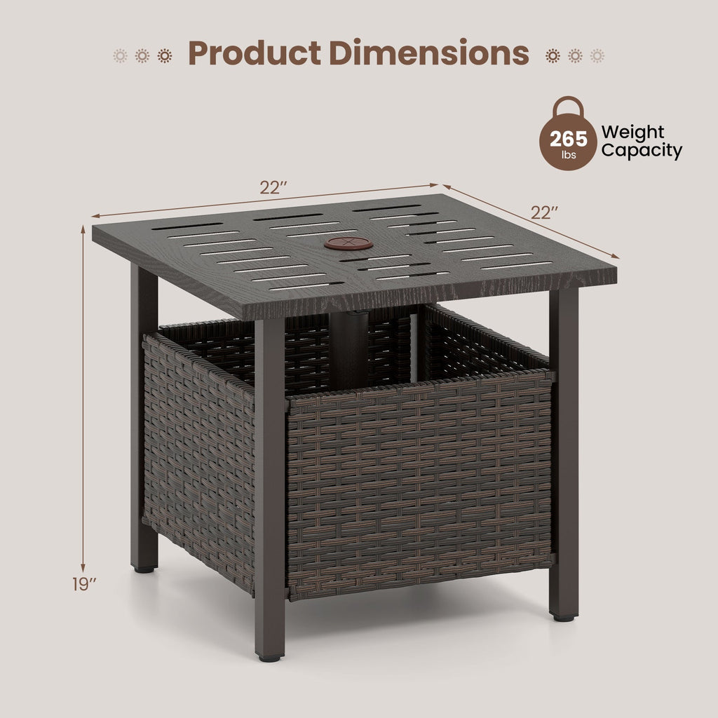 Outdoor Side Table All-Weather PE Wicker Patio Table with Umbrella Hole-Brown