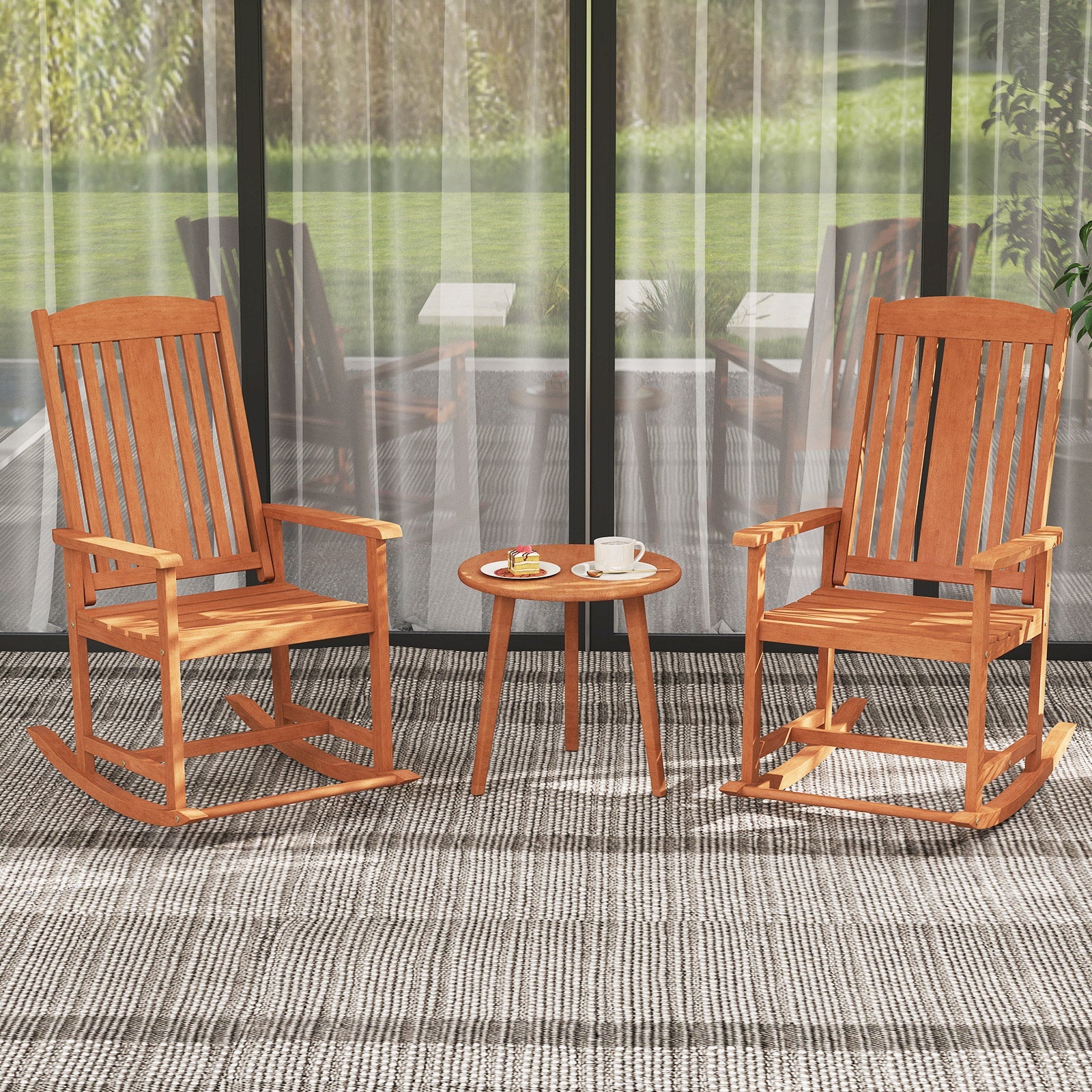 Outdoor Rocking Chair Solid Wood High Back Rocker with Slatted Seat