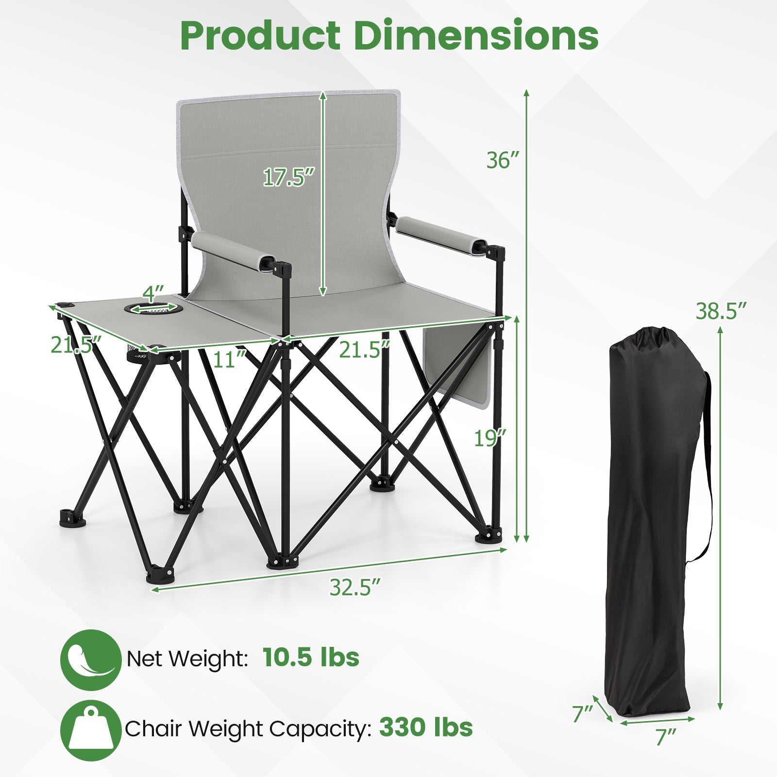 Oversized Camping Chair with Side Table and 2 Storage Pockets