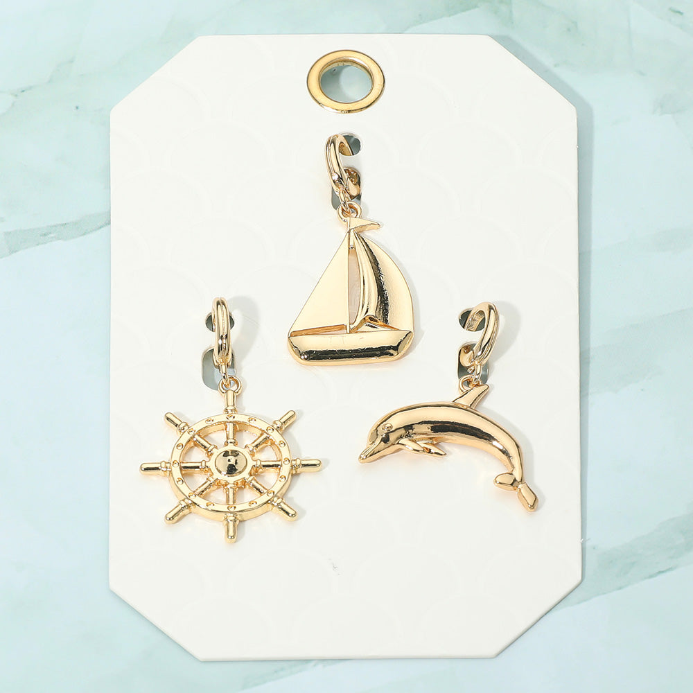 3PCS - Metal Ship Wheel Sailboat Dolphin Pendant Charm Set