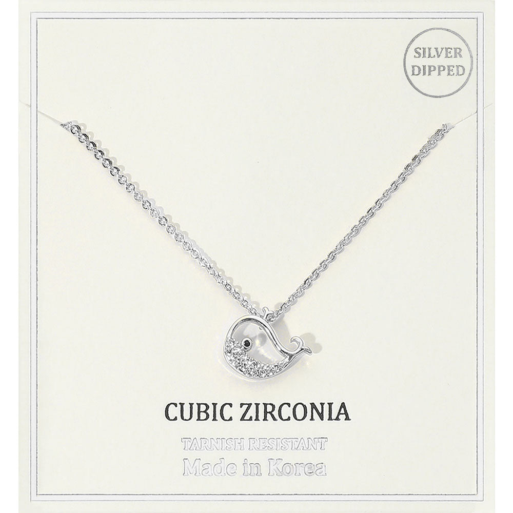 Silver Dipped CZ Stone Paved Whale Pendant Necklace