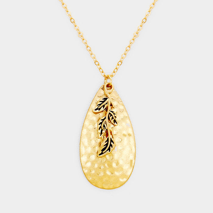 Hammered Teardrop Leaf Charm Pendant Necklace