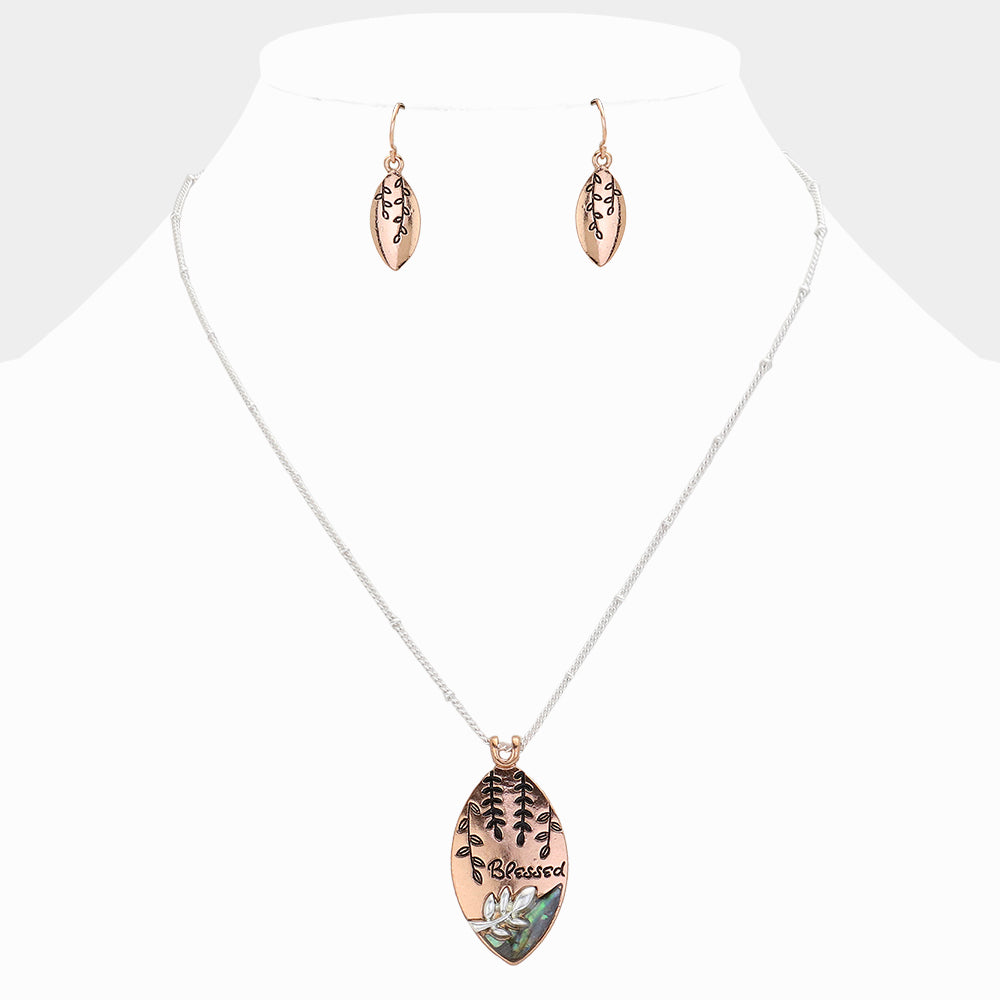 Blessed Message Abalone Oval Metal Pendant Necklace