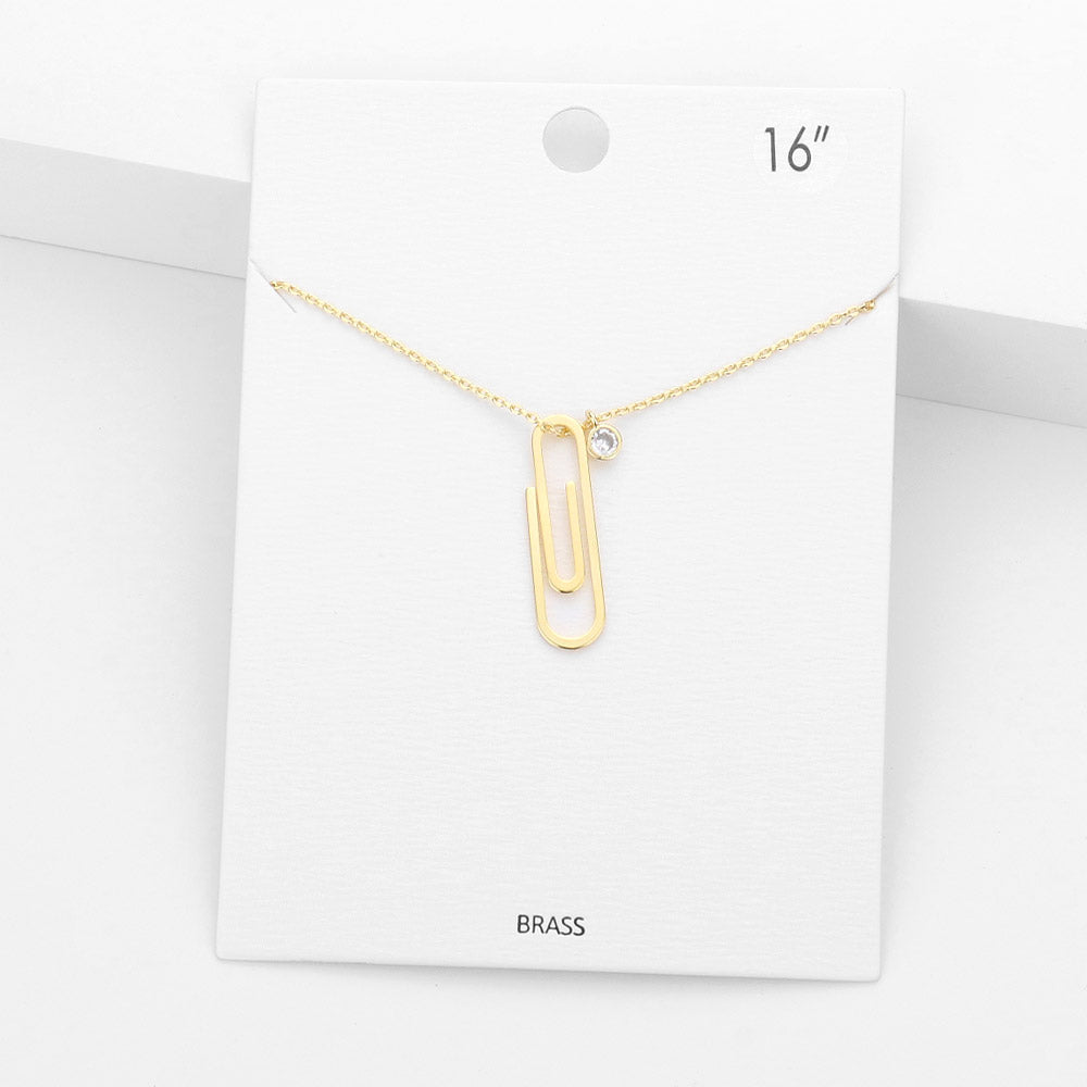 Brass Metal Paperclip Round Stone Pendant Necklace