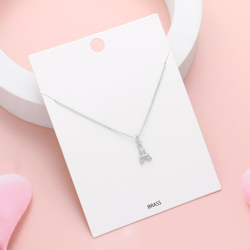 Rhinestone Embellished Brass Metal Eiffel Tower Pendant Necklace