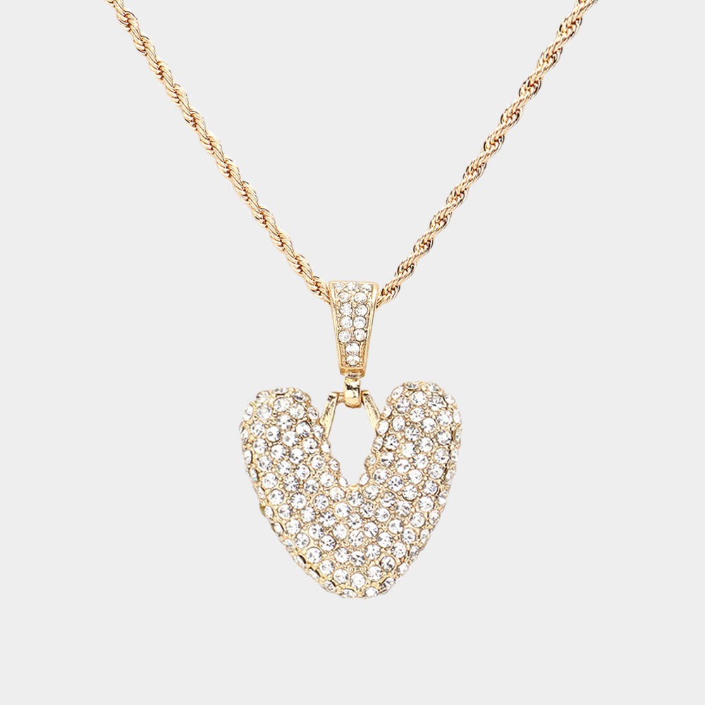 -V- Rhinestone Initial Monogram Pendant Brass Chain Necklace
