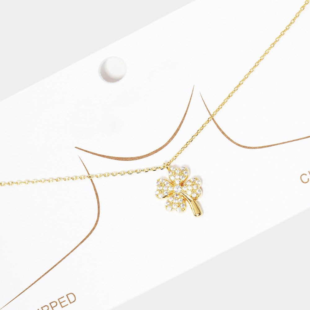 Gold Dipped Rhinestone Embellished Clover Pendant Necklace