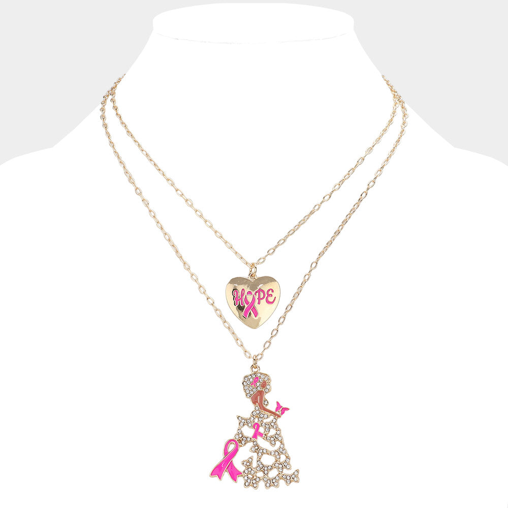 2PCS - Hope Message Heart Pink Ribbon Afrowoman Pendant Necklaces