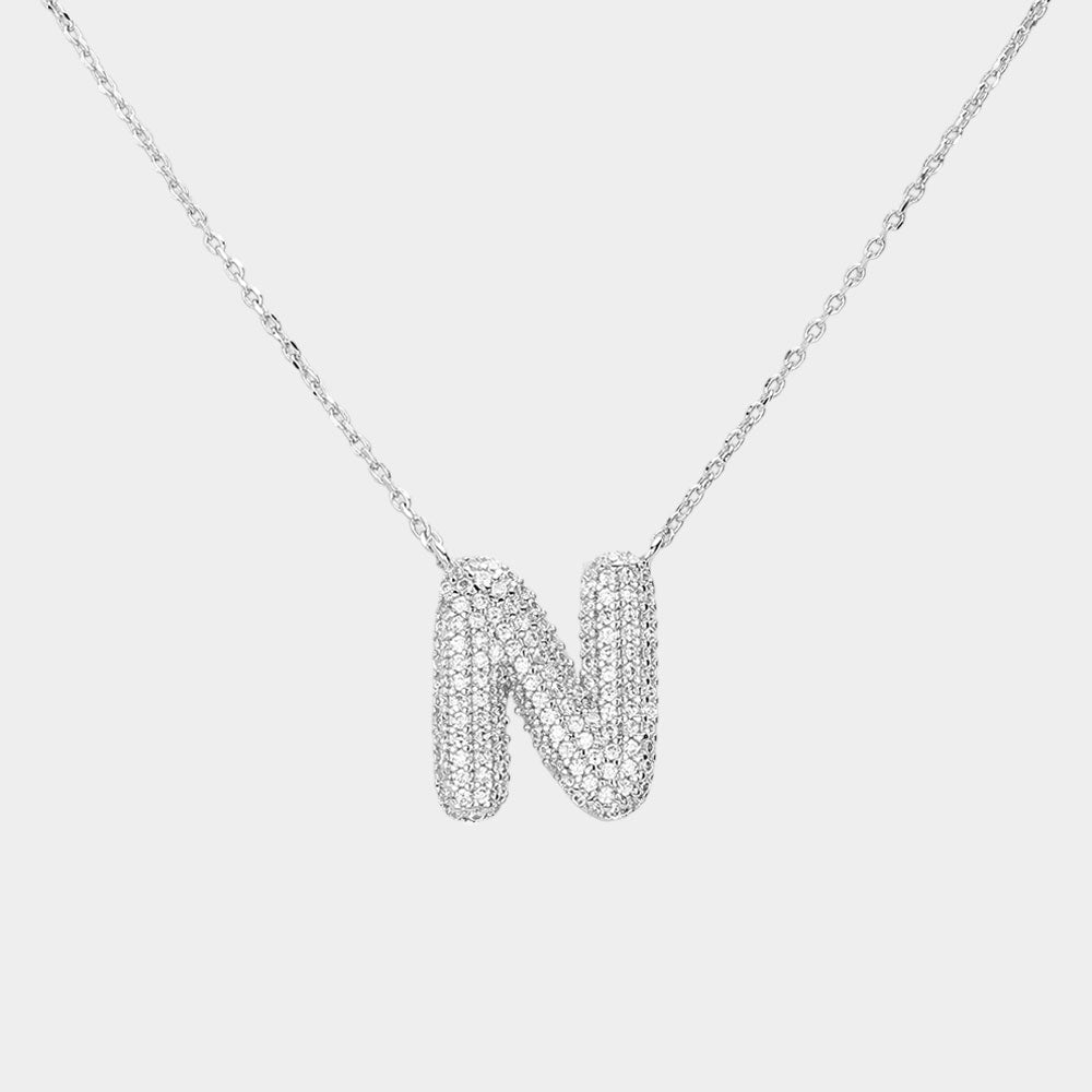 -N- White Gold Dipped CZ Initial Monogram Pendant Necklace