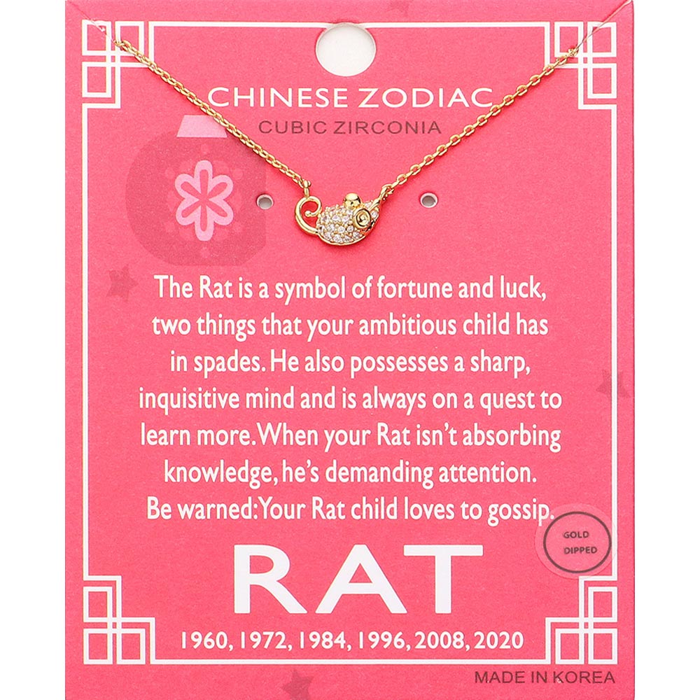 Lunar 12 Zodiac Gold Dipped CZ Rat Pendant Necklace
