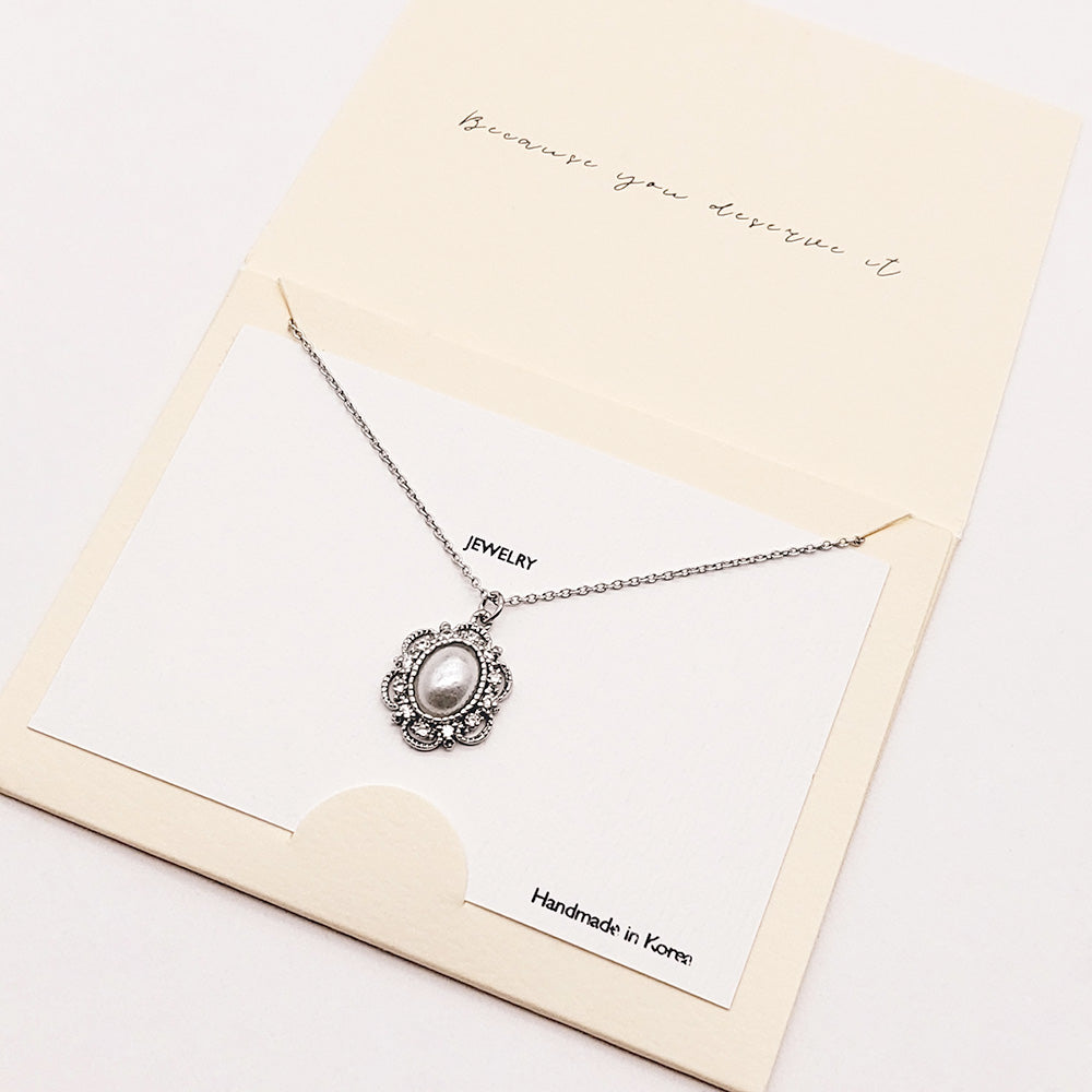 CZ Embellished Oval Pearl Pendant Necklace