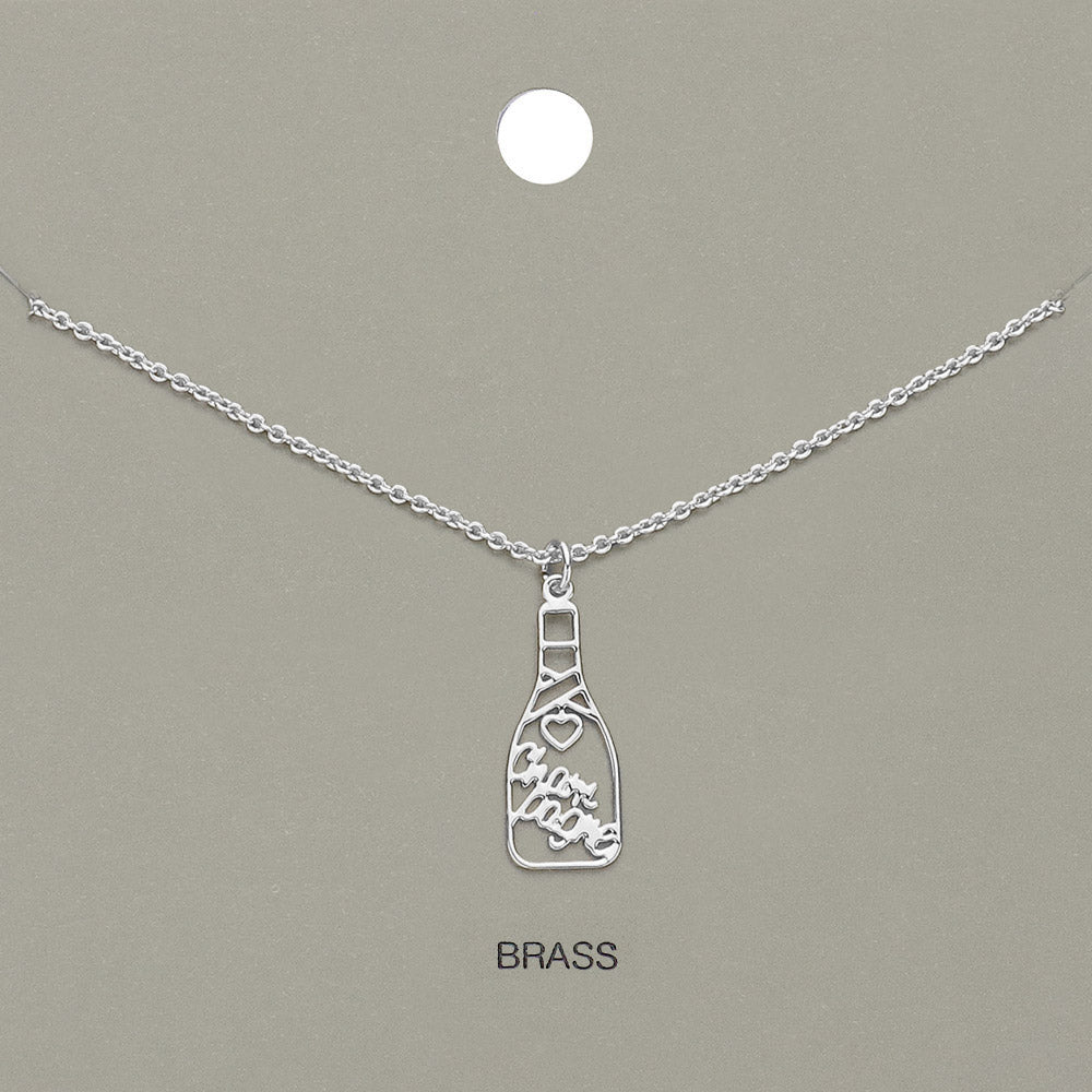 Cheers Message Champagne Bottle Brass Metal Pendant Necklace