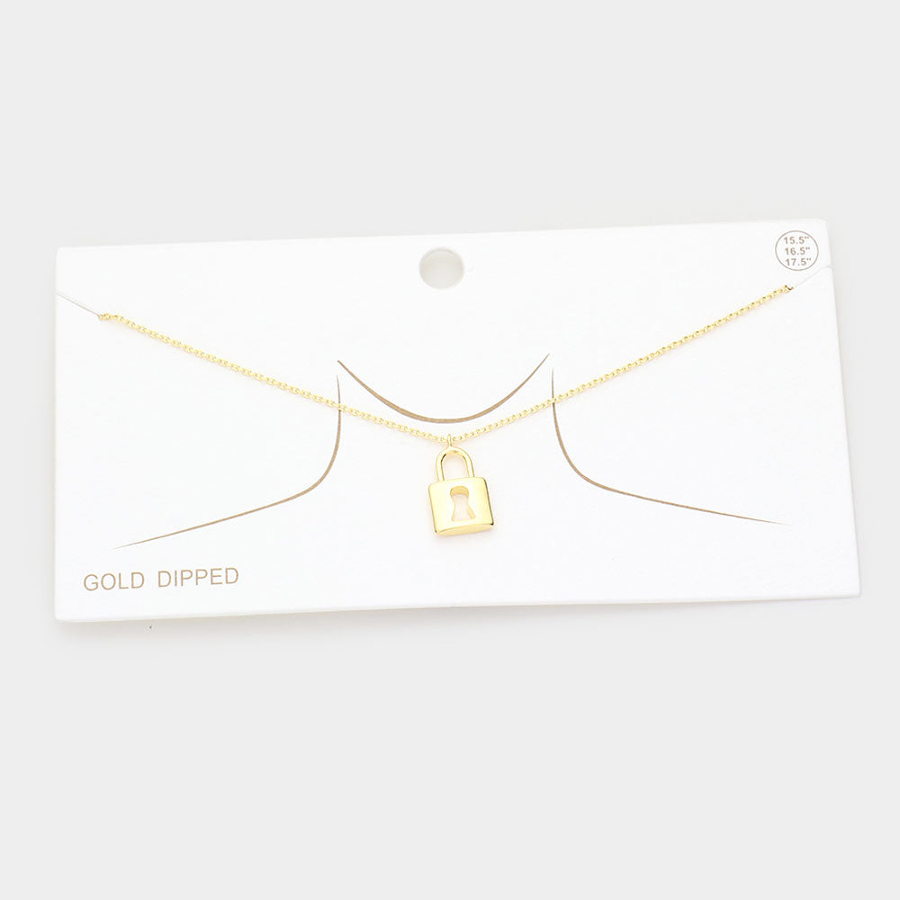 Gold Dipped Metal Lock Pendant Necklace
