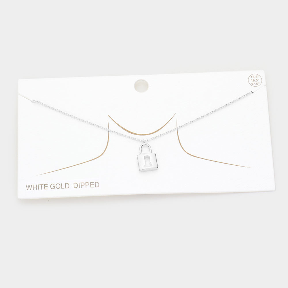White Gold Dipped Metal Lock Pendant Necklace