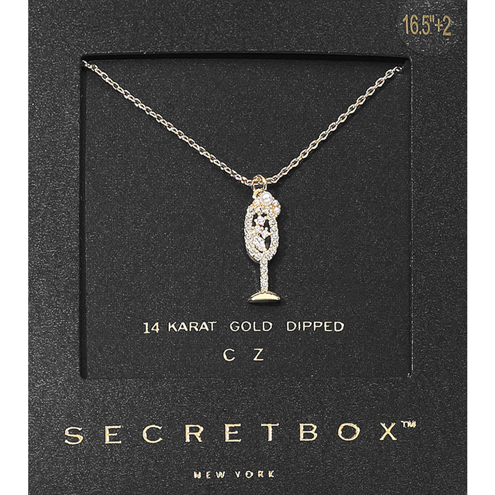 SECRET BOX_14K Gold Dipped CZ Stone Pearl Paved Champagne Glass Pendant Necklace