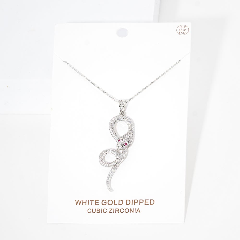 White Gold Dipped CZ Snake Pendant Necklace