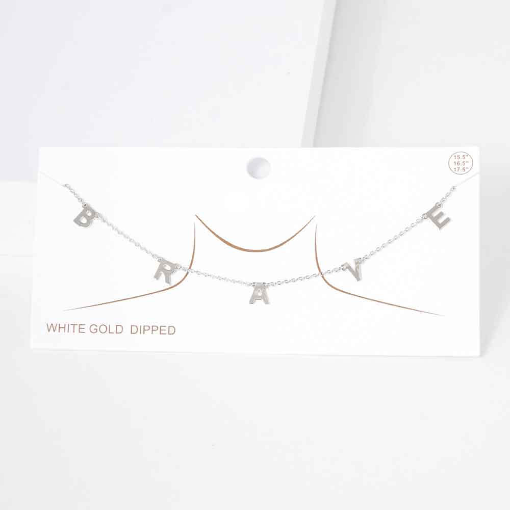BRAVE White Gold Dipped Metal Message Pendant Station Necklace