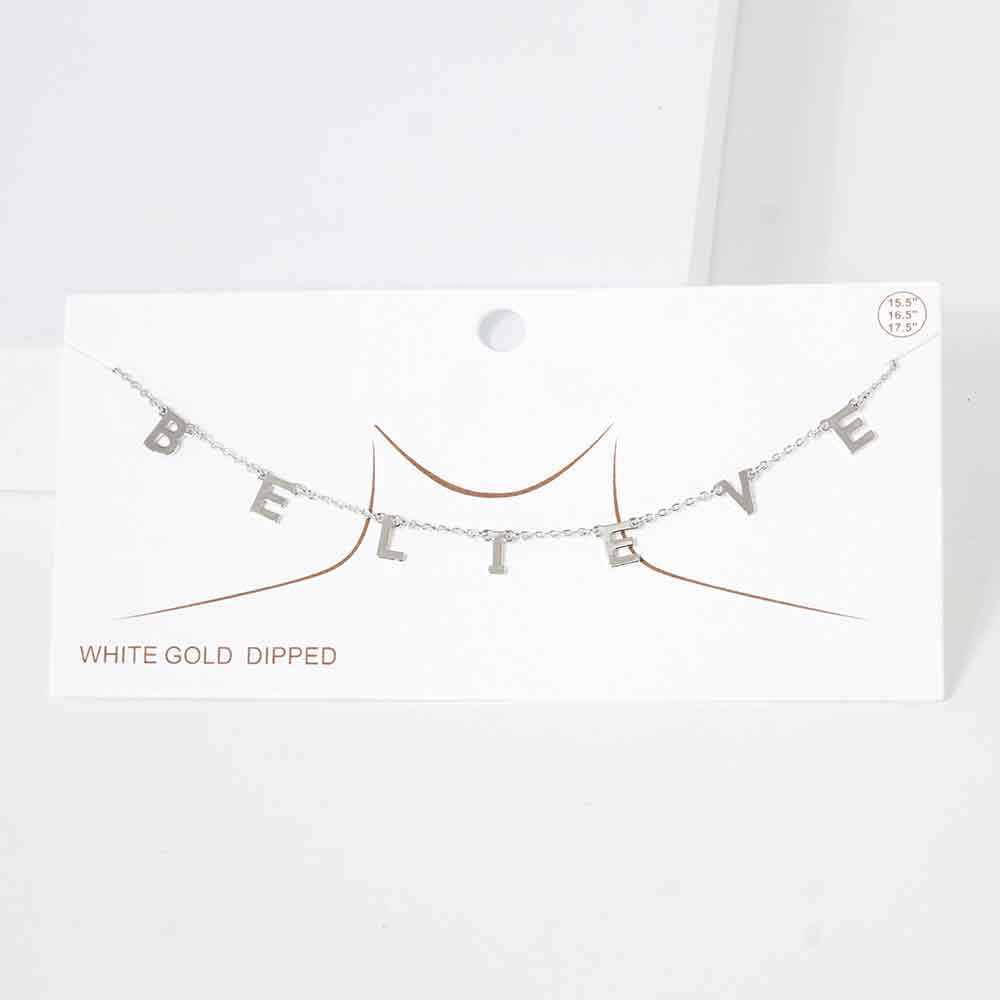 BELIEVE White Gold Dipped Metal Message Pendant Station Necklace