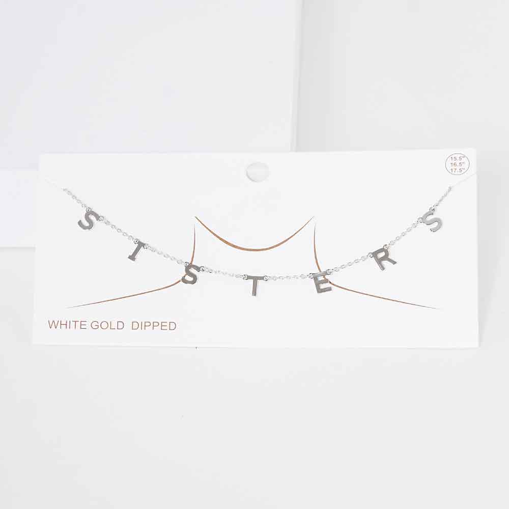 SISTERS White Gold Dipped Metal Message Pendant Station Necklace