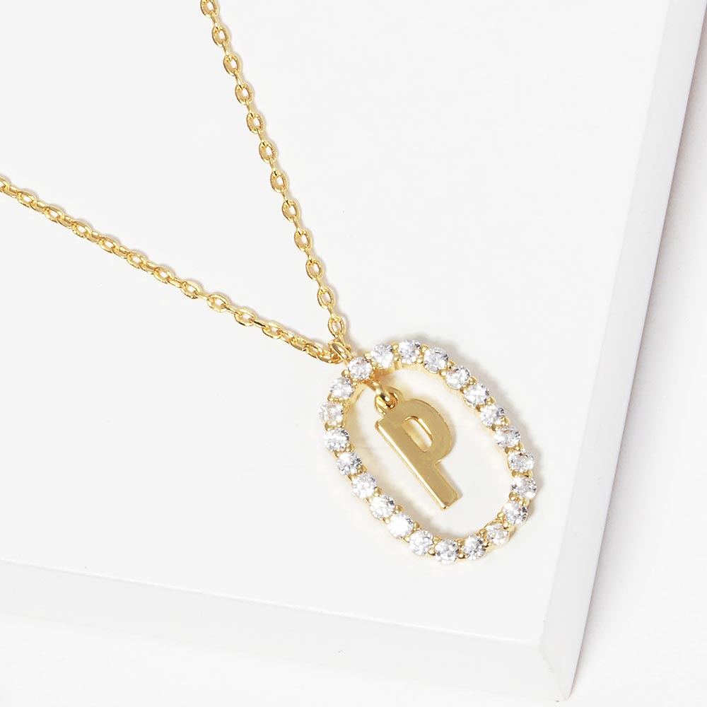 -P- Gold Dipped Metal Initial Monogram Rhinestone Oval Link Pendant Necklace